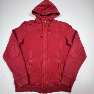 Chevignon Premium Mens Red Ribbed Full Zip Hoodie XL Cotton Elbow Patches 1957